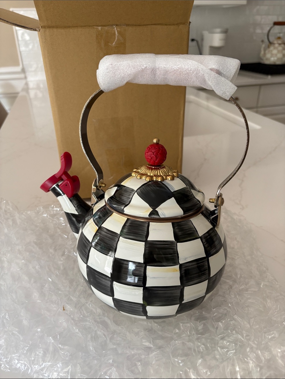 NWT in box— MacKenzie-Childs 2 qt. WHISTLING tea kettle in Courtly Check